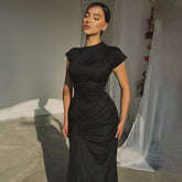 Autumn product temperament slim fit pleated lace up short sleeved dress